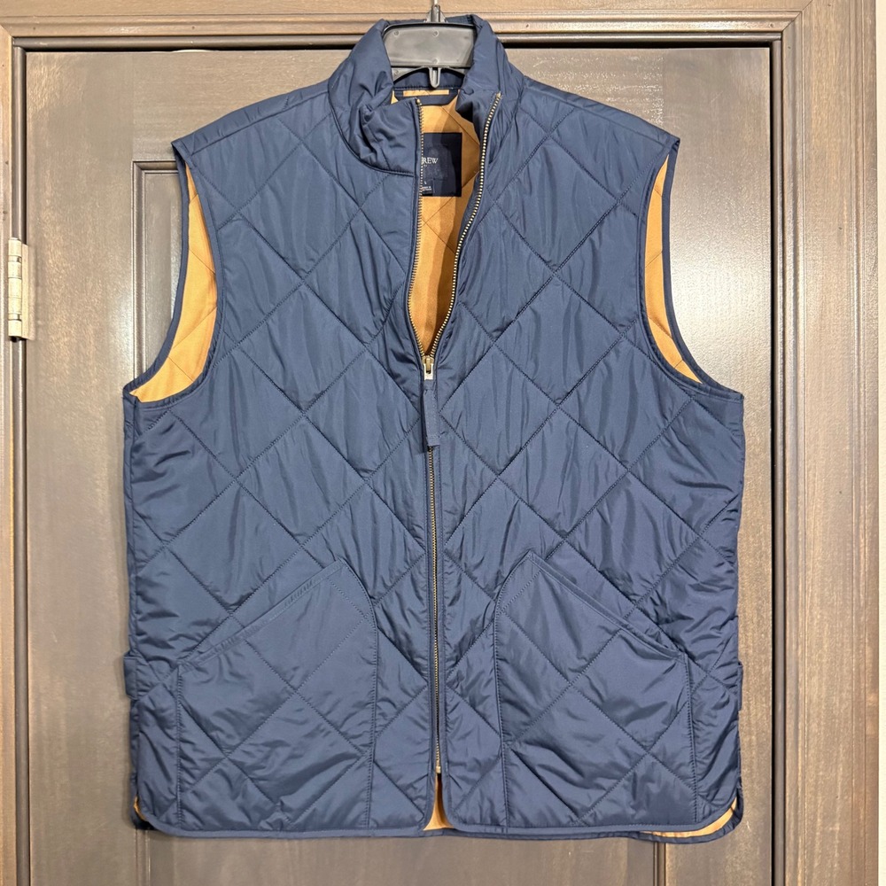J.Crew Mens Sussex Quilted Vest Navy Blue Large Full Zip Diamond Quilt Layer